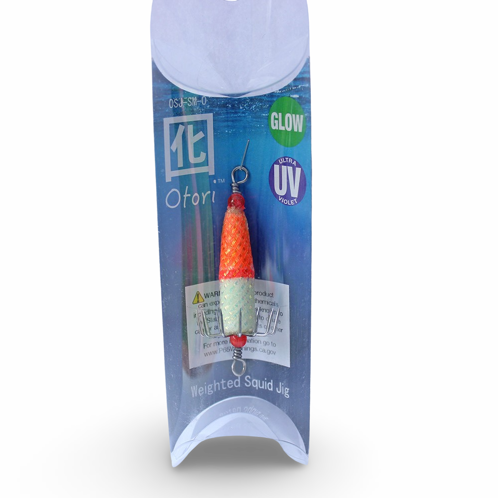 Beau Mac Otori squid jig deluxe skinny in Orange Glow UV color for squid fishing in the Pacific Northwest