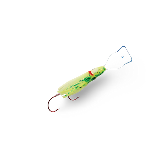 Mack's Pee Wee Wiggle Hoochie 1.5" - Chart Green Spatter Back Glow