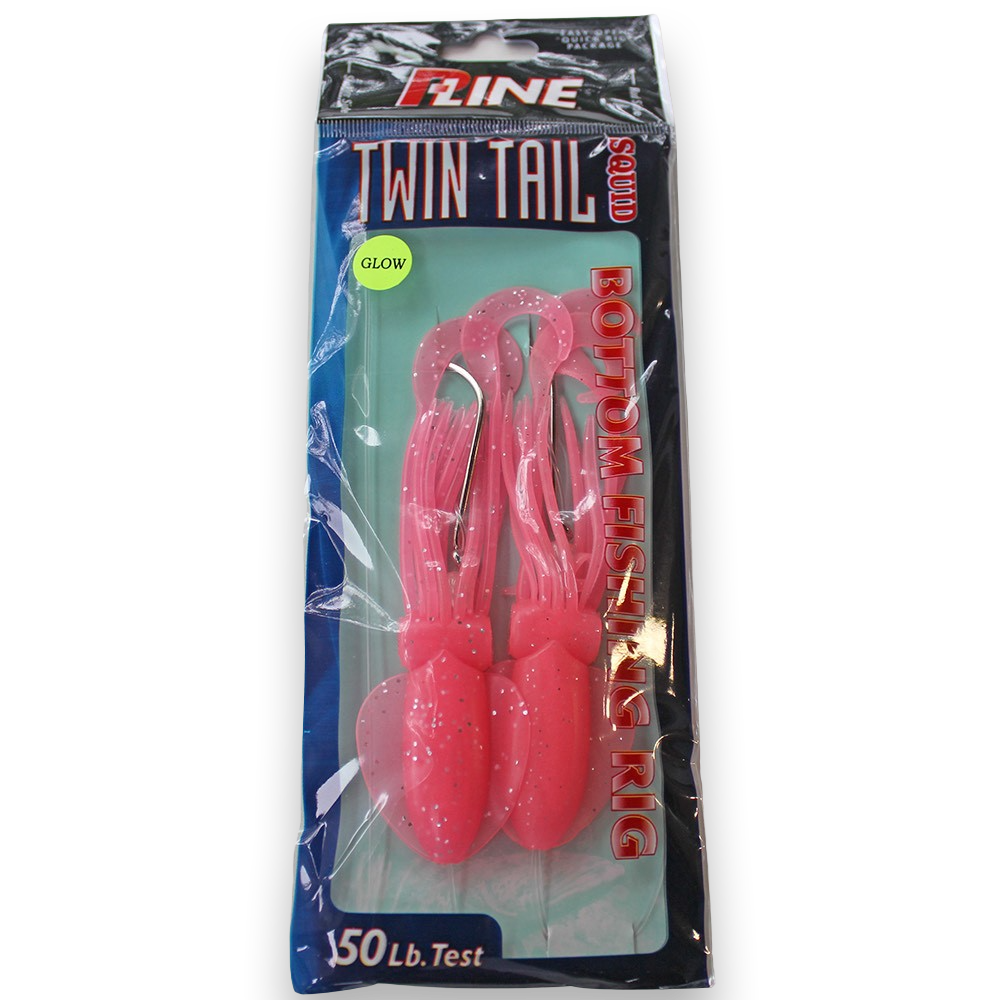 P-Line Twin Tail Squid 4.5" 2-Hook Rig - Pink Glow Glitter