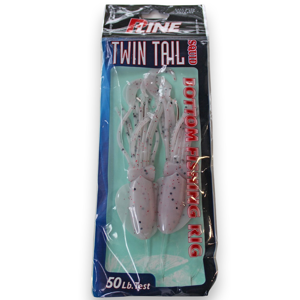 P-Line Twin Tail Squid 4.5" 2-Hook Rig - Clear White Black Glitter