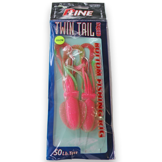 P-Line Twin Tail Squid 4.5" 2-Hook Rig - Pink Glow Glitter