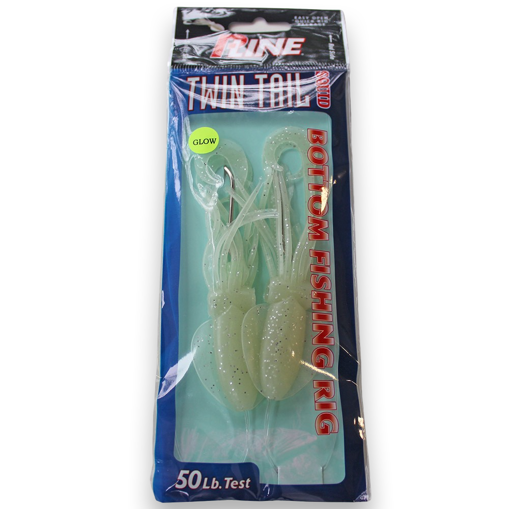 P-Line Twin Tail Squid 4.5" 2-Hook Rig - Natural Glow Glitter