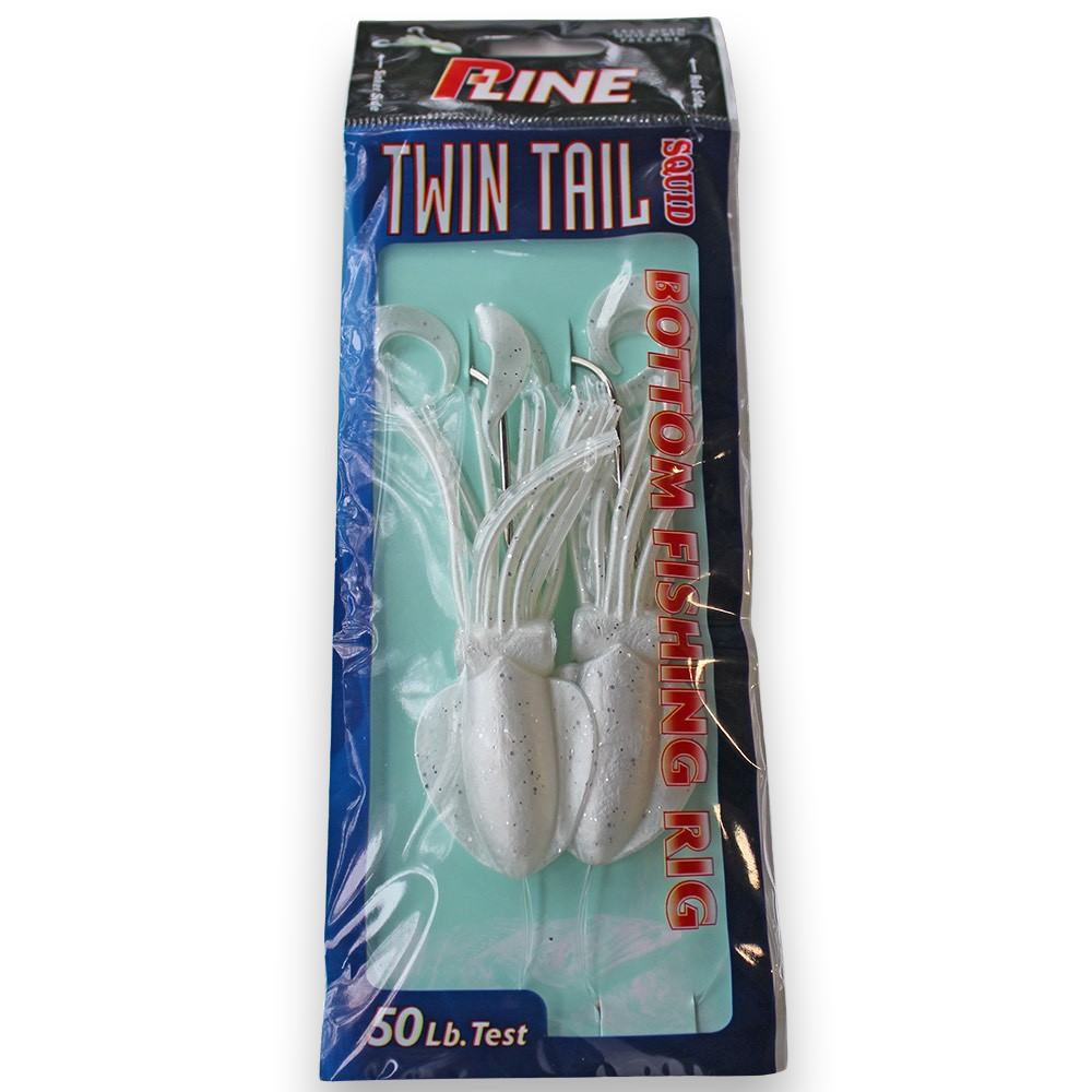 P-Line Twin Tail Squid 4.5" 2-Hook Rig - Pearl Glitter