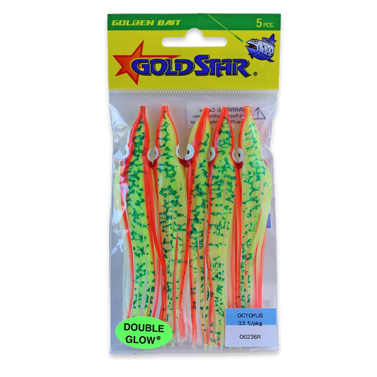 Gold Star Squid #35 Octopus 4-1/4", Glow Red Racer Chartreuse Spatter Back OG236R