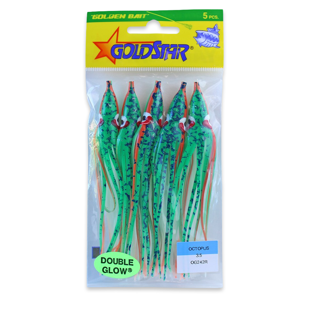 Gold Star Squid #35 Octopus 4-1/4", Glow Red Racer Green Spatter Back OG242R