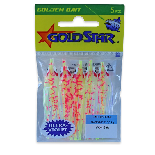 Gold Star Squid #20 Mini Sardine 2-1/4", UV Spatterback Flame FKM139R