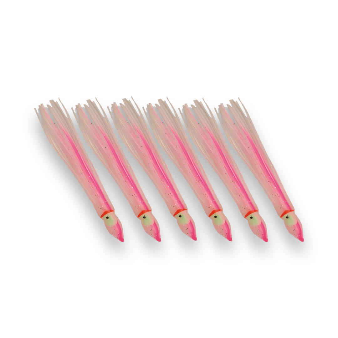 P-Line Sunrise Squid 3.5" 6-pack Clear Pearl Double Pink Glow Stripes