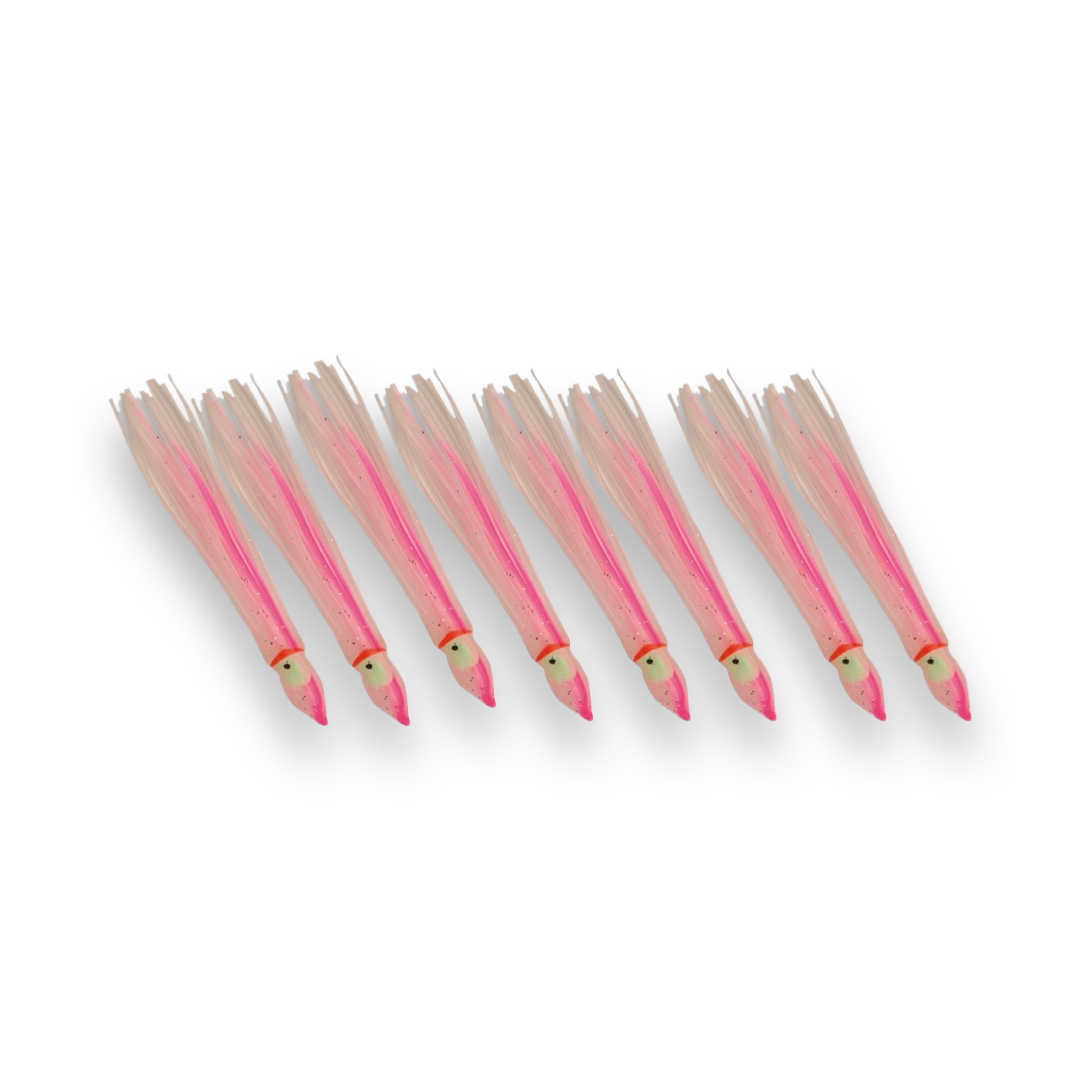 P-Line Sunrise Squid 2.5" 8-pack Clear Pearl Double Pink Glow Stripes