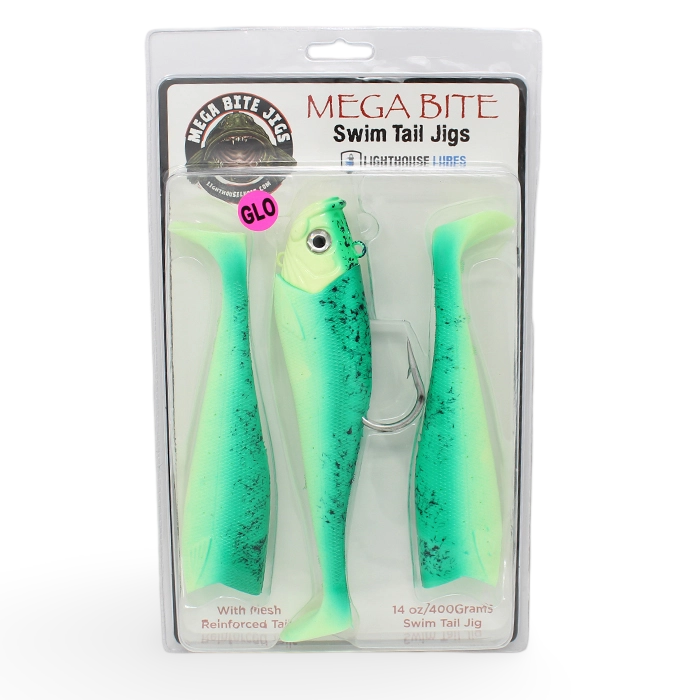 Mega Bite Swim Tail Jigs 14 ounce Glow Green Demon