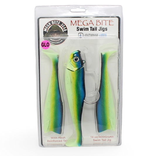 Mega Bite Swim Tail Jigs 14 ounce Glow Herring Aid