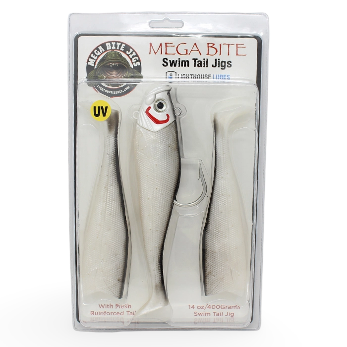 Mega Bite Swim Tail Jigs 14 ounce UV White Russian