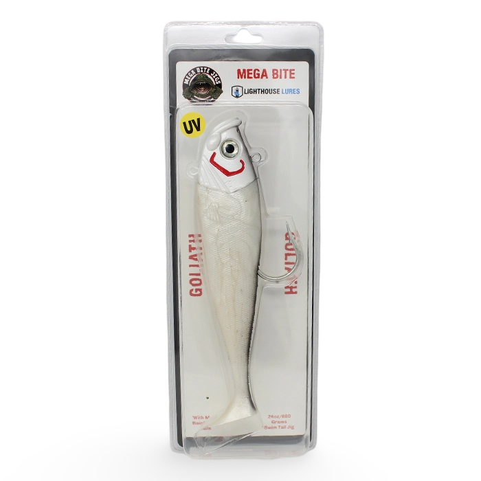 Mega Bite Swim Tail Jigs 24 ounce UV White Russian