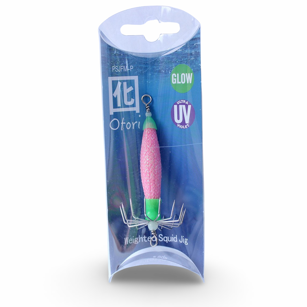 Beau Mac Otori squid jig standard in Pink Glow color UV for squid fishing in the Pacific Northwest