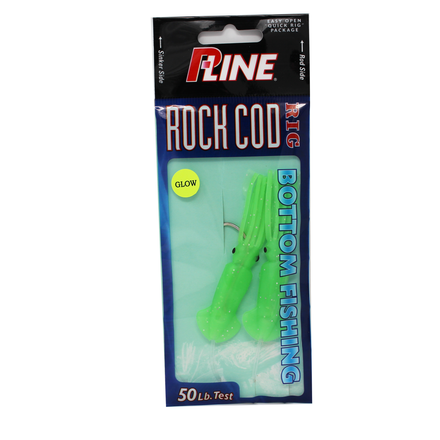 P-Line Rock Cod Rig 3.5" Squid, 2 Per Rig - Glow Green Glitter