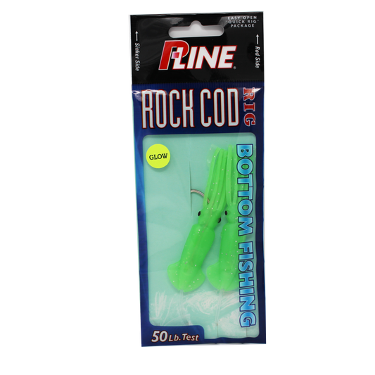 P-Line Rock Cod Rig 3.5" Squid, 2 Per Rig - Glow Green Glitter