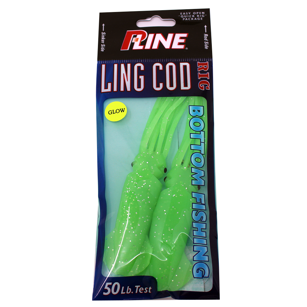 P-Line Lingcod Rig 4.5" Squid, 2 Per Rig - Glow Green Glitter