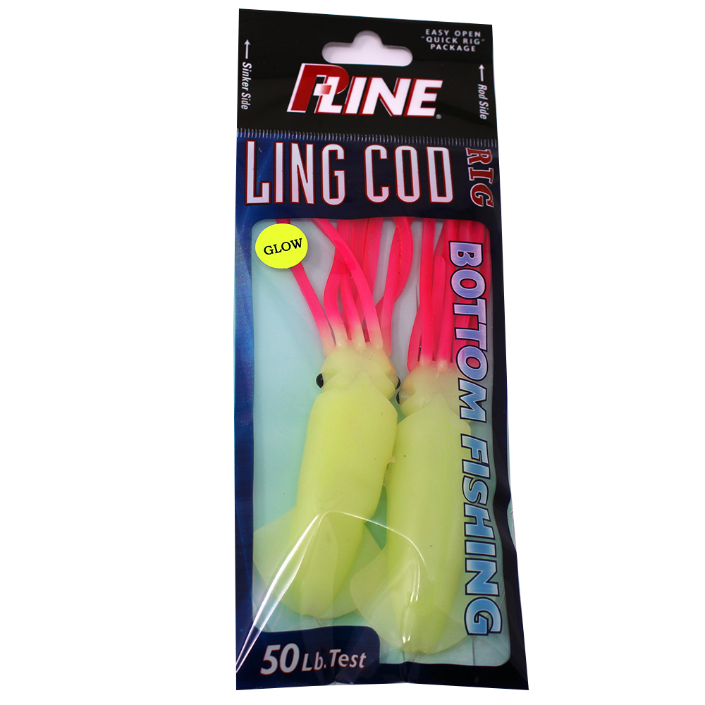 P-Line Lingcod Rig 4.5" Squid, 2 Per Rig - Glow Pink Legs